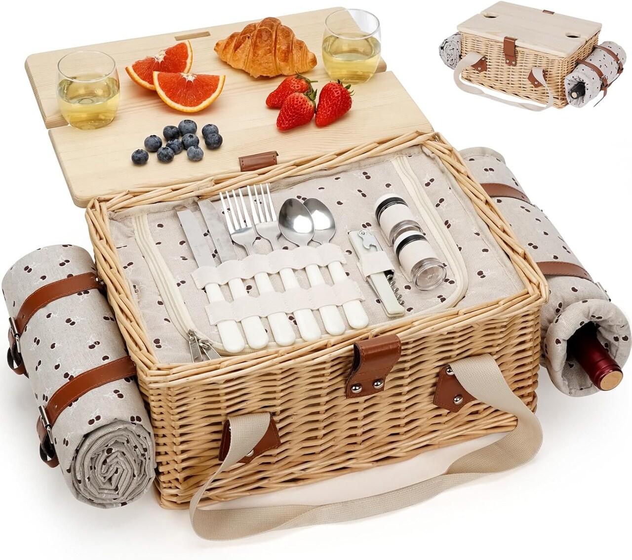 Picnic Basket for 2, Handmade Wicker Picnic Set with Folding Table and Waterproof Blanket, Large Insulated Picnic Basket with Wine Bag & Cutlery Kit for Picnic, Camping, Holidays (Cherry)